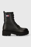 Шкіряні черевики Tommy Jeans TJW URBAN BOOT TUMBLED LTR WL жіночі колір чорний на плоскому ходу утеплене EN0EN02317