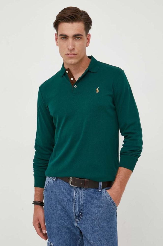 Бавовняний лонгслів Polo Ralph Lauren колір зелений однотонний (3430456)