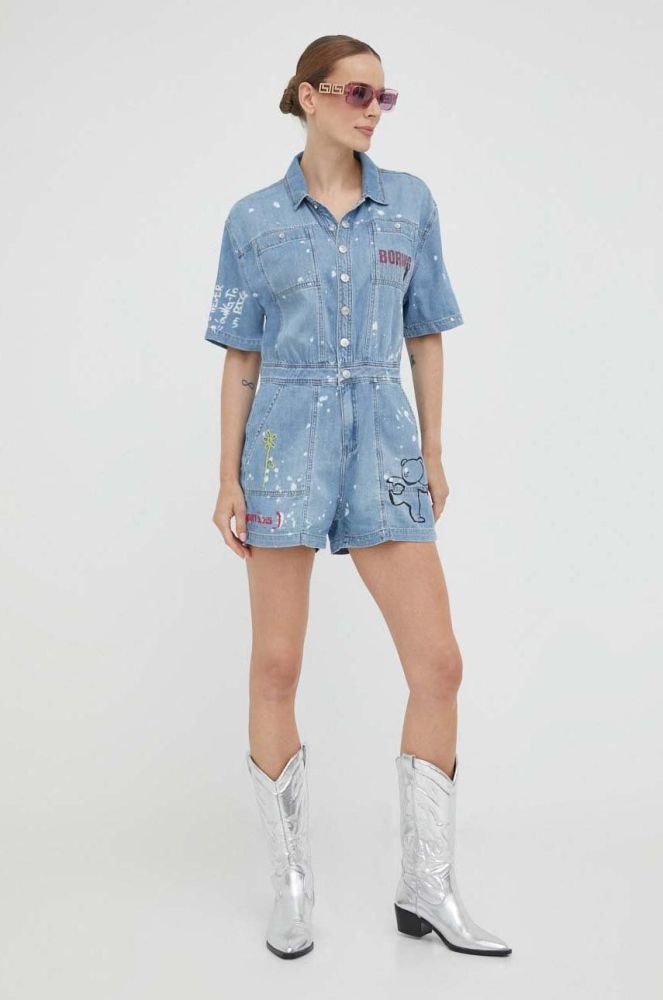 Джинсовий комбінезон Guess x Banksy овальне декольте колір блакитний