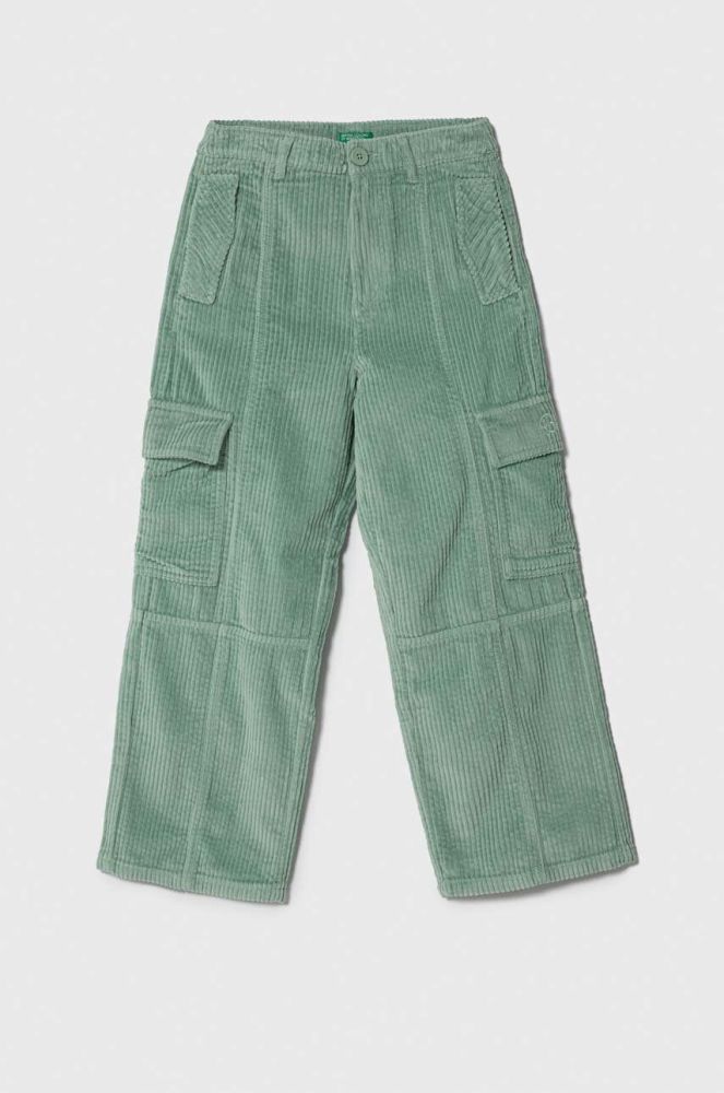 Дитячі вельветові штани United Colors of Benetton колір зелений однотонні