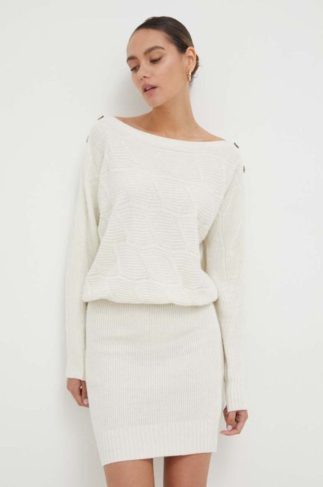 Сукня з домішкою вовни Guess колір бежевий mini облягаюча