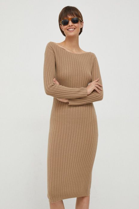 Вовняна сукня United Colors of Benetton колір коричневий midi облягаюча