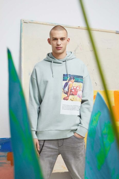 Бавовняна кофта Medicine чоловіча колір бірюзовий з капюшоном з принтом