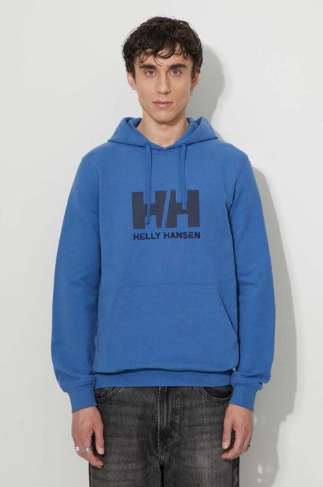 Бавовняна кофта Helly Hansen чоловіча з капюшоном з аплікацією колір блакитний