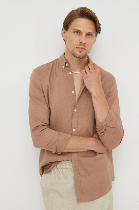 Сорочка з льону Samsoe Samsoe чоловіча regular комір button-down колір бежевий (2483949)