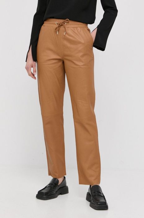 Шкіряні штани Notes du Nord жіночі колір жовтий пряме висока посадка