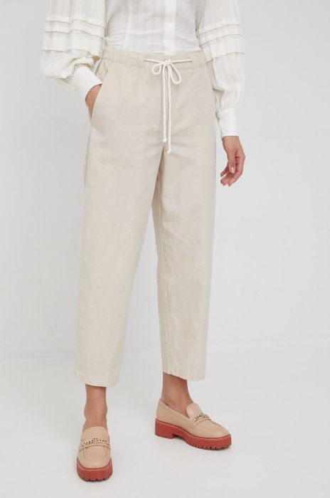 Штани з домішкою льону Marc O'Polo жіночі колір бежевий пряме висока посадка