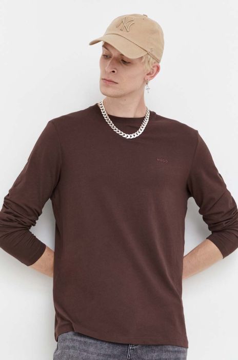 Бавовняний лонгслів HUGO колір коричневий однотонний (3480567)