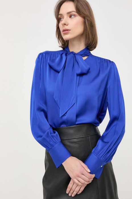 Сорочка з домішкою шовку BOSS колір синій regular в'язане декольте