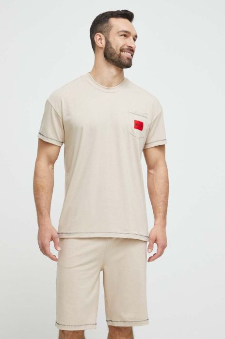 Піжама HUGO чоловіча колір бежевий однотонна