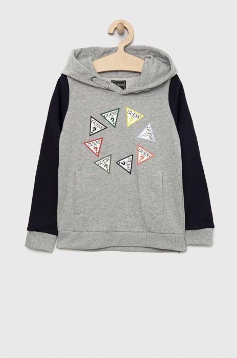 Дитяча бавовняна кофта Guess колір сірий з капюшоном з принтом (2879376)