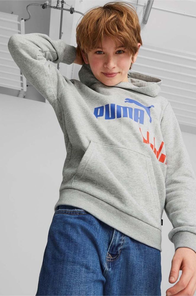 Дитяча кофта Puma ESS+ LOGO POWER Hoodie TR B колір сірий з капюшоном з принтом