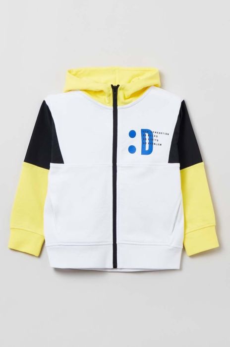Дитяча бавовняна кофта OVS колір білий з капюшоном з принтом