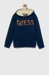 Дитяча бавовняна кофта Guess з капюшоном з аплікацією колір блакитний