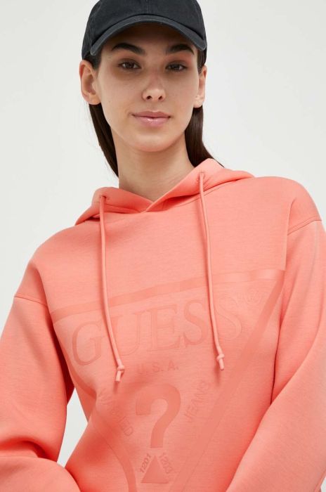 Кофта Guess жіноча колір помаранчевий з капюшоном з принтом (3517836)