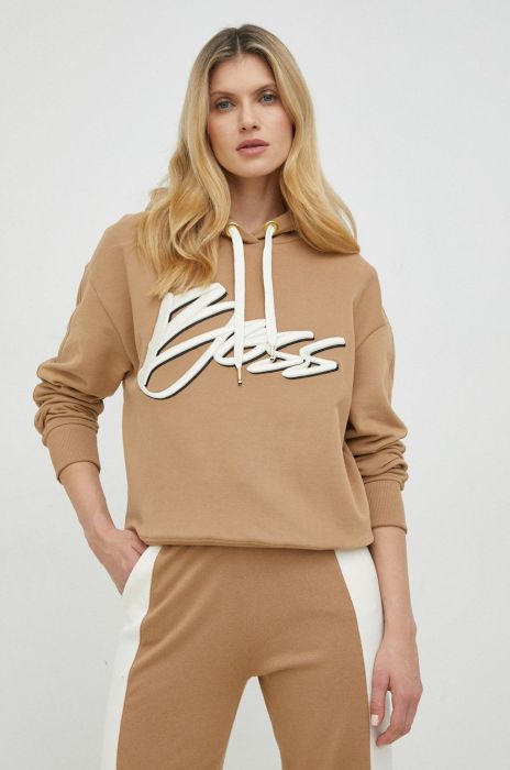 Кофта BOSS жіноча колір бежевий з капюшоном з аплікацією