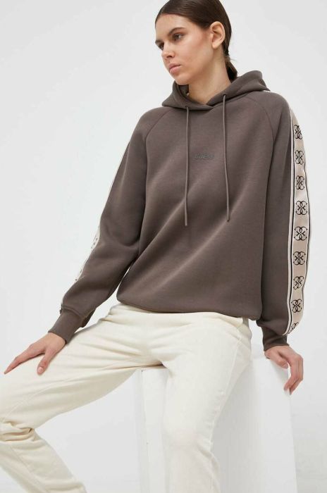 Кофта Guess жіноча колір коричневий з капюшоном з аплікацією