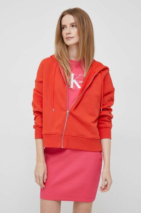 Бавовняна кофта United Colors of Benetton жіноча колір помаранчевий з капюшоном однотонна