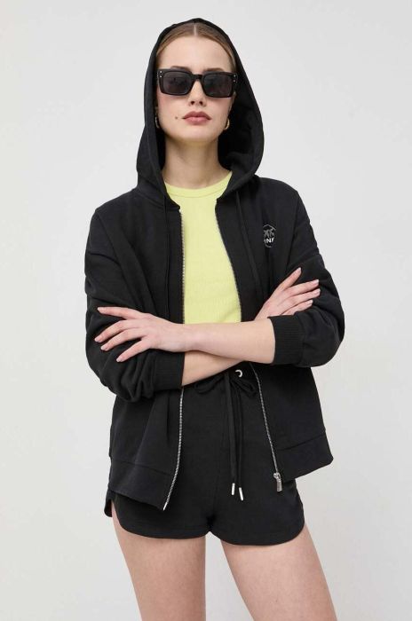 Бавовняна кофта Pinko жіноча колір чорний з капюшоном з принтом (3103150)