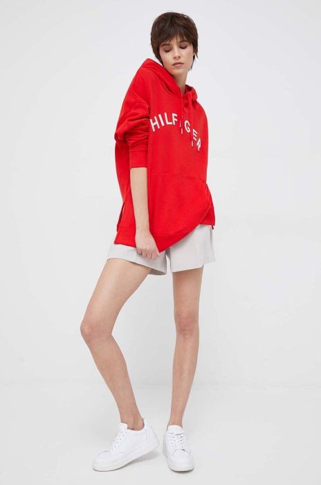 Бавовняна кофта Tommy Hilfiger жіноча колір червоний з капюшоном з аплікацією (3090206)
