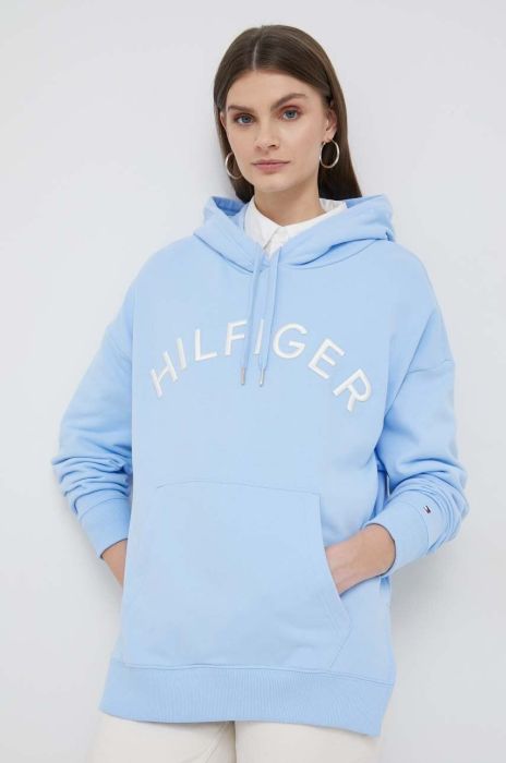 Бавовняна кофта Tommy Hilfiger жіноча з капюшоном з аплікацією колір блакитний (3090225)