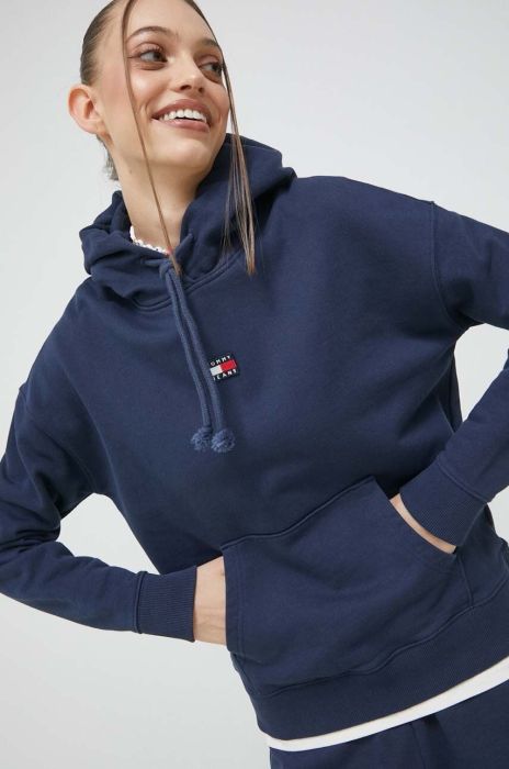 Бавовняна кофта Tommy Jeans жіноча колір синій з капюшоном з аплікацією