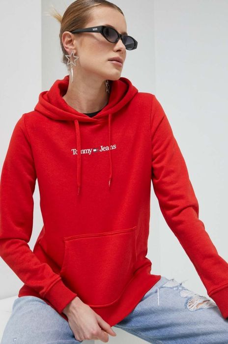 Кофта Tommy Jeans жіноча колір червоний з капюшоном з принтом (3013068)