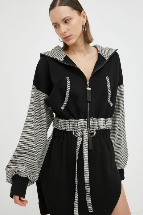 Бавовняна кофта MMC STUDIO жіноча колір чорний з капюшоном візерунок