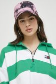 Бавовняна кофта Tommy Jeans жіноча колір зелений з капюшоном візерунок