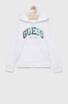 Дитяча бавовняна кофта Guess колір білий з капюшоном з аплікацією (2885066)