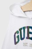 Дитяча бавовняна кофта Guess колір білий з капюшоном з аплікацією (2885066)