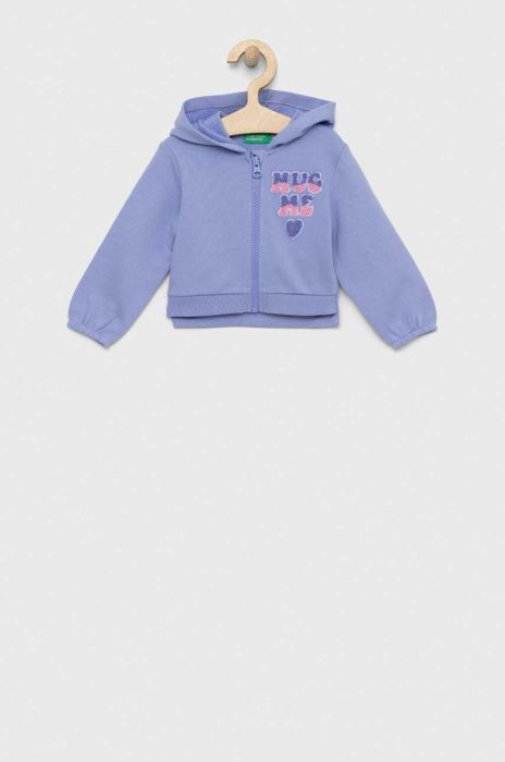 Дитяча бавовняна кофта United Colors of Benetton колір фіолетовий з капюшоном з аплікацією