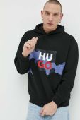 Бавовняна кофта HUGO чоловіча колір чорний з капюшоном з принтом (2973775)