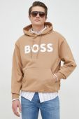Бавовняна кофта BOSS чоловіча колір бежевий з капюшоном з принтом (2873759)