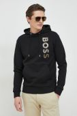 Бавовняна кофта BOSS чоловіча колір чорний з капюшоном з принтом (2890347)