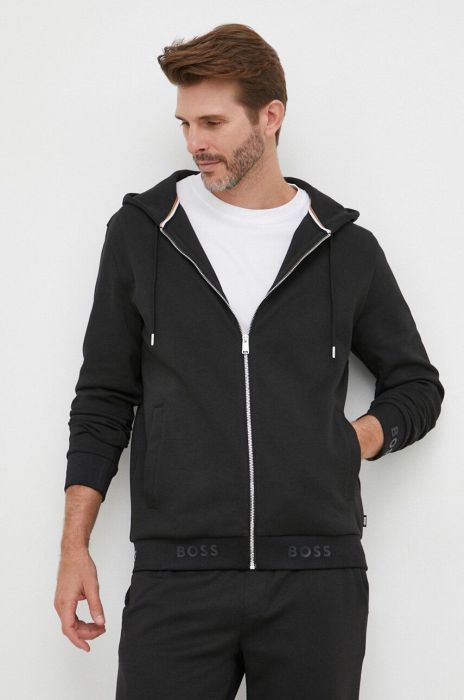 Кофта BOSS чоловіча колір чорний з капюшоном з принтом