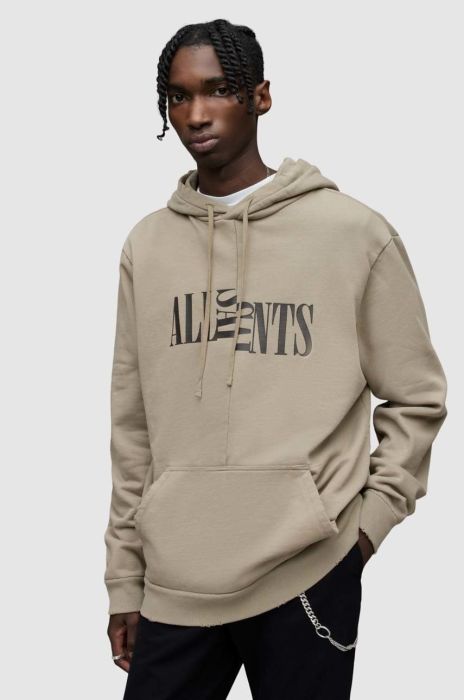 Бавовняна кофта AllSaints чоловіча колір зелений з капюшоном з принтом