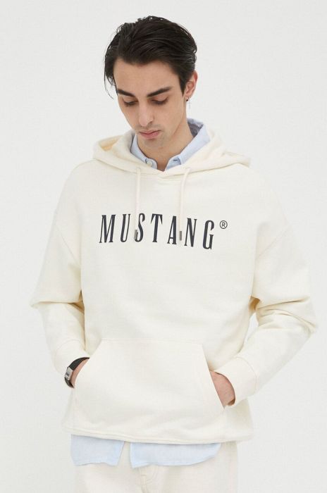 Бавовняна кофта Mustang чоловіча колір бежевий з капюшоном з принтом