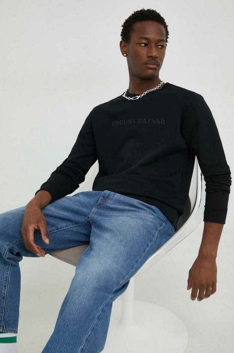 Бавовняна кофта Bruuns Bazaar Birk Crew чоловіча колір чорний з аплікацією