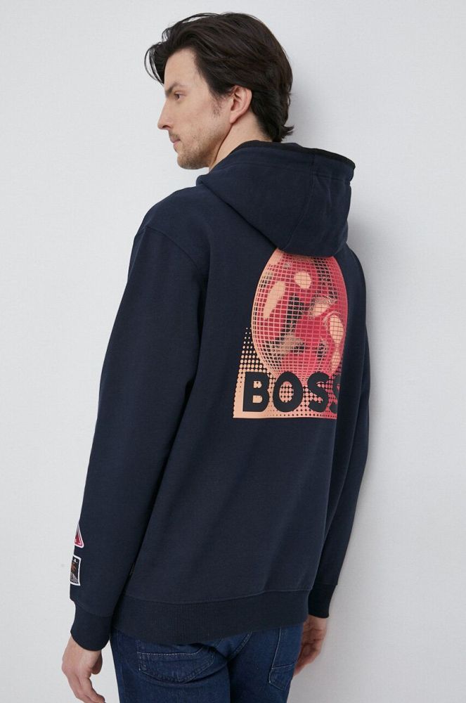 Кофта BOSS BOSS ORANGE чоловіча колір синій з капюшоном з принтом