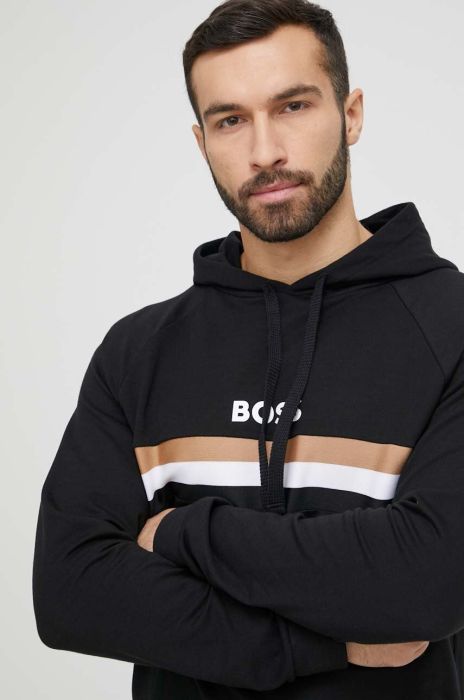 Кофта лаунж BOSS колір чорний з капюшоном візерунок (3150454)