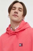 Бавовняна кофта Tommy Jeans чоловіча колір рожевий з капюшоном з аплікацією