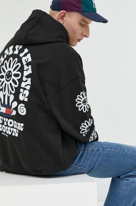 Бавовняна кофта Tommy Jeans чоловіча колір чорний з капюшоном з принтом (3073460)