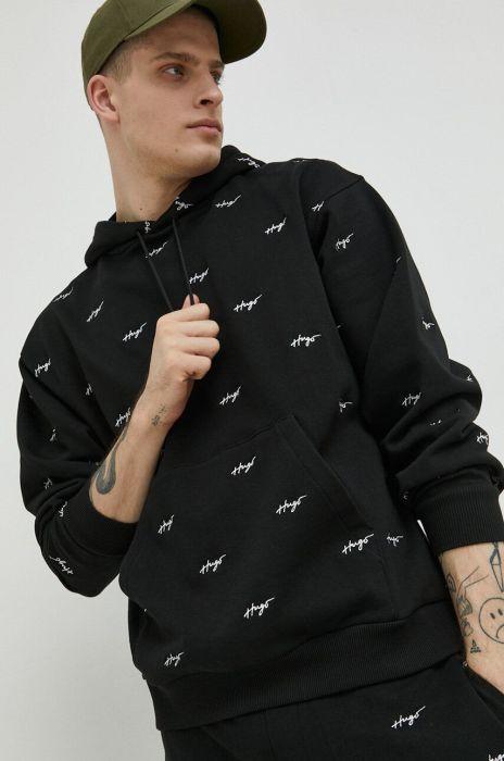 Бавовняна кофта HUGO чоловіча колір чорний з капюшоном візерунок