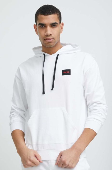 Бавовняна кофта HUGO чоловіча колір білий з капюшоном однотонна