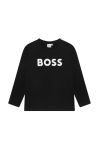 Дитячий бавовняний лонгслів BOSS колір чорний з принтом