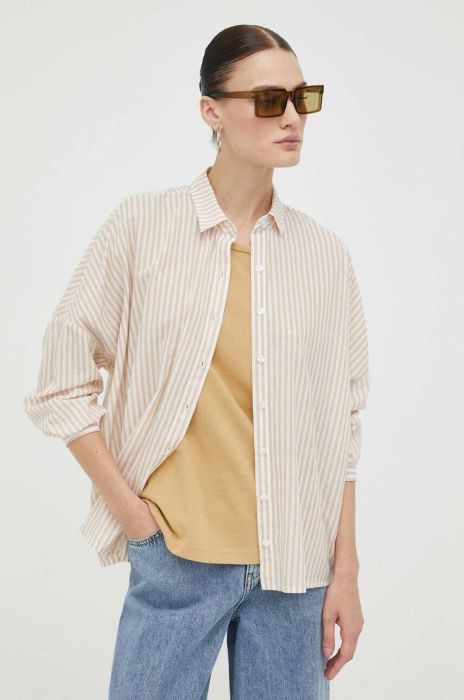 Бавовняна сорочка Mustang жіноча колір бежевий relaxed класичний комір