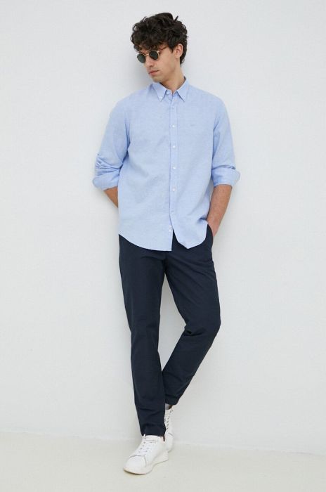 Сорочка з домішкою льону Paul&Shark regular комір button-down колір блакитний