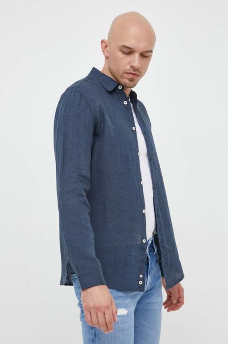 Сорочка з льону United Colors of Benetton колір синій regular класичний комір (3247525)