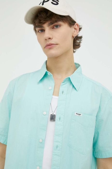 Бавовняна сорочка Wrangler чоловіча колір бірюзовий regular класичний комір